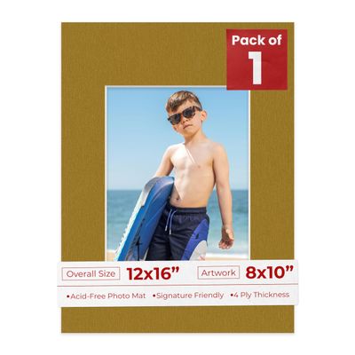8x10 Mat for 12x16 Frame - Precut Mat Board Acid-Free Show Kit with Backing Board, and Clear Bags Metallic Gold 8x10 Photo Matte Made to Fit a 12x16 Picture Frame Matboard for Framing, Pack of 1 Mat