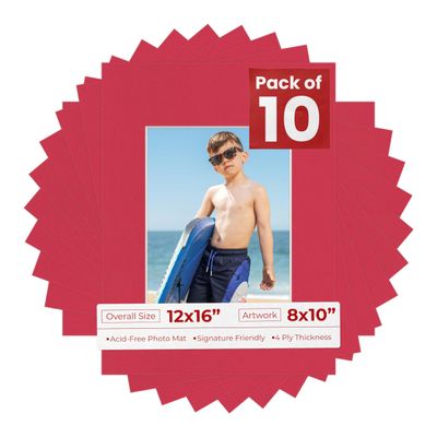 8x10 Mat for 12x16 Frame - Precut Mat Board Acid-Free Show Kit with Backing Board, and Clear Bags Deep Red 8x10 Photo Matte Made to Fit a 12x16 Picture Frame Matboard for Framing, Pack of 10 Mats