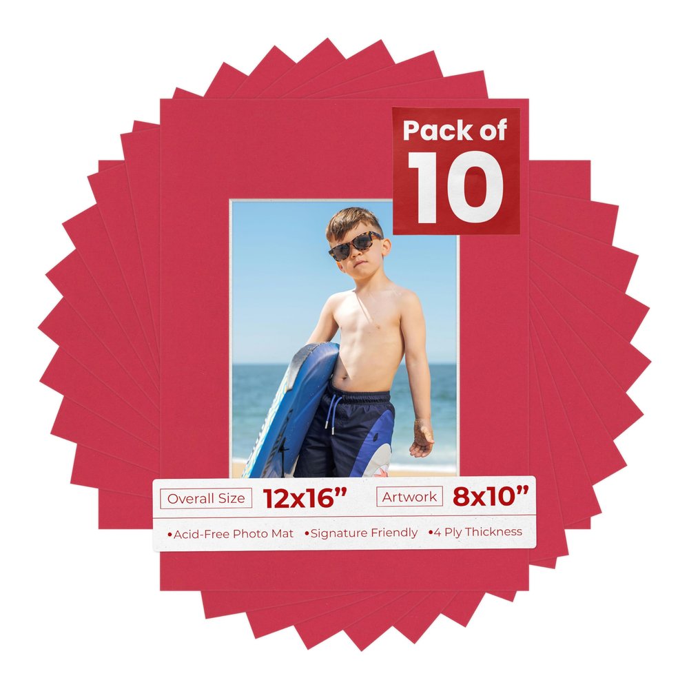 8x10 Mat for 12x16 Frame - Precut Mat Board Acid-Free Show Kit with Backing Board, and Clear Bags Deep Red 8x10 Photo Matte Made to Fit a 12x16 Picture Frame Matboard for Framing, Pack of 10 Mats