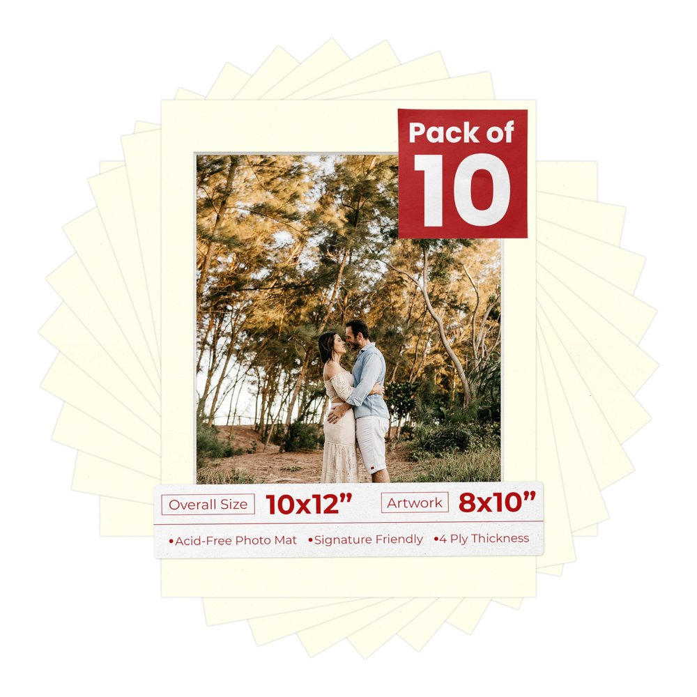 8x10 Mat for 10x12 Frame - Precut Mat Board Acid-Free Show Kit with Backing Board, and Clear Bags Textured Cream 8x10 Photo Matte For a 10x12 Picture Frame Matboard for Framing, Pack of 10 Mats