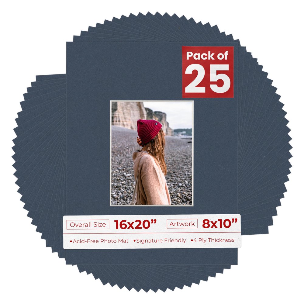 8x10 Mat for 16x20 Frame - Precut Mat Board Acid-Free Show Kit with Backing Board, and Clear Bags Navy 8x10 Photo Matte Made to Fit a 16x20 Picture Frame Matboard for Framing, Pack of 25 Mats