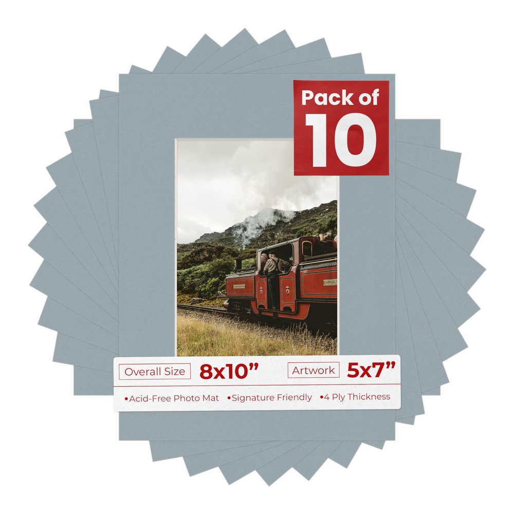 5x7 Mat for 8x10 Frame - Precut Mat Board Acid-Free Show Kit with Backing Board, and Clear Bags Metallic Silver 5x7 Photo Matte Made to Fit a 8x10 Picture Frame Matboard for Framing, Pack of 10 Mats