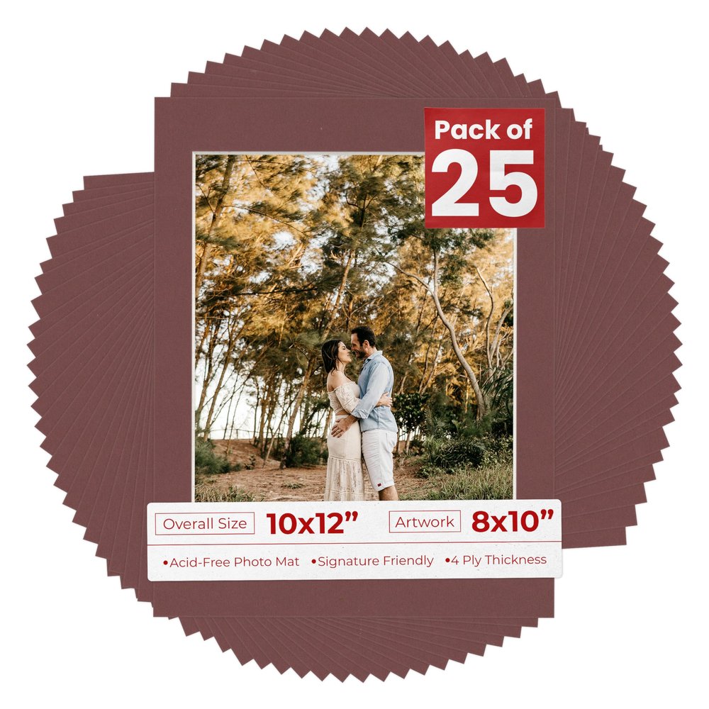 8x10 Mat for 10x12 Frame - Precut Mat Board Acid-Free Show Kit with Backing Board, and Clear Bags Maroon 8x10 Photo Matte Made to Fit a 10x12 Picture Frame Matboard for Framing, Pack of 25 Mats