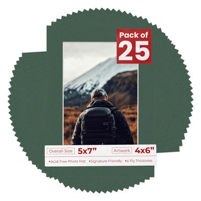 4x6 Mat for 5x7 Frame - Precut Mat Board Acid-Free Hunter Green 4x6 Photo Matte Made to Fit a 5x7 Picture Frame, Premium Matboard for Family Photos, Show Kits, Art, Picture Framing, Pack of 25 Mats