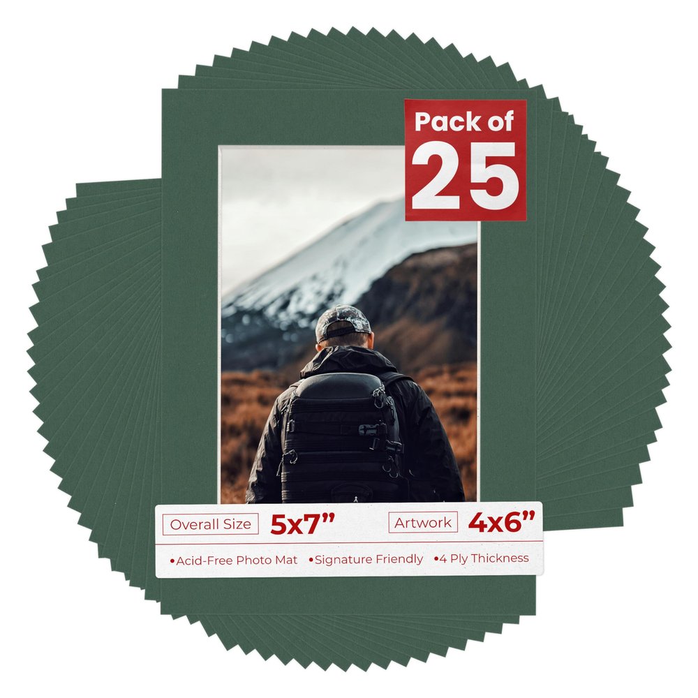 4x6 Mat for 5x7 Frame - Precut Mat Board Acid-Free Hunter Green 4x6 Photo Matte Made to Fit a 5x7 Picture Frame, Premium Matboard for Family Photos, Show Kits, Art, Picture Framing, Pack of 25 Mats