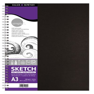 Daler-Rowney Simply Sketchbook, Medium Grain, 100 GSM, 65lb, Spiral Bound, Hardback, A3 - Approx. 11.7 x 16.5in - 29.7 x 42 cm, Soft White, 54 Sheets