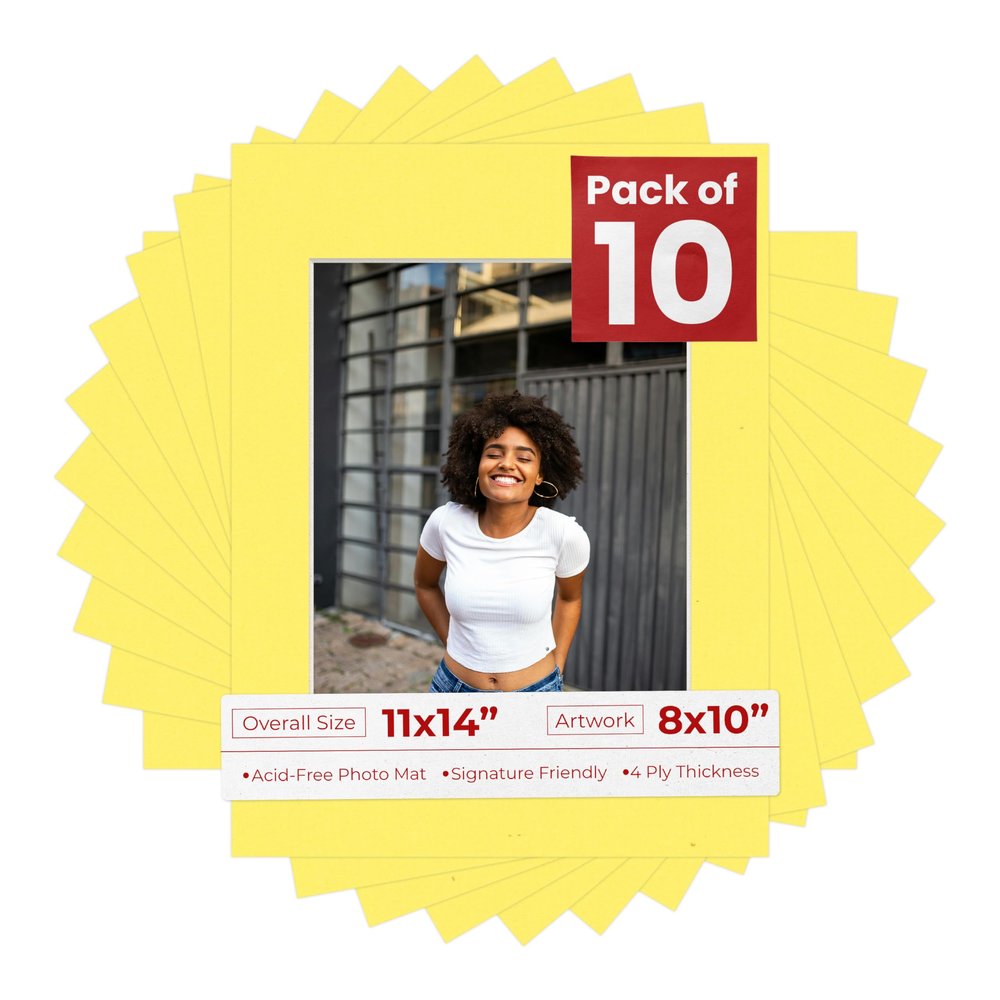 8x10 Mat for 11x14 Frame - Precut Mat Board Acid-Free Show Kit with Backing Board, and Clear Bags Yellow 8x10 Photo Matte Made to Fit a 11x14 Picture Frame Matboard for Framing, Pack of 10 Mats