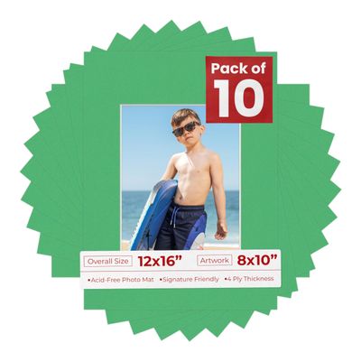 8x10 Mat for 12x16 Frame - Precut Mat Board Acid-Free Show Kit with Backing Board, and Clear Bags Bright Green 8x10 Photo Matte Made to Fit a 12x16 Picture Frame Matboard for Framing, Pack of 10 Mats