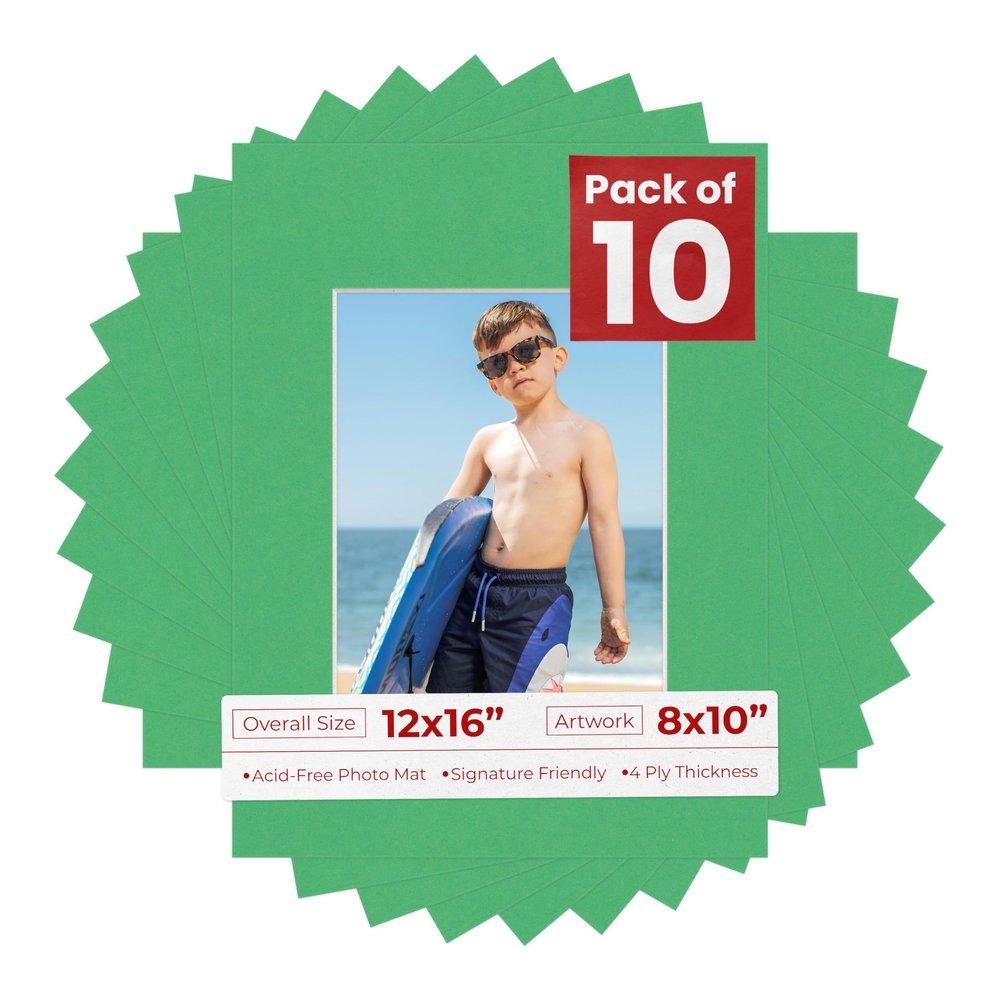8x10 Mat for 12x16 Frame - Precut Mat Board Acid-Free Show Kit with Backing Board, and Clear Bags Bright Green 8x10 Photo Matte Made to Fit a 12x16 Picture Frame Matboard for Framing, Pack of 10 Mats