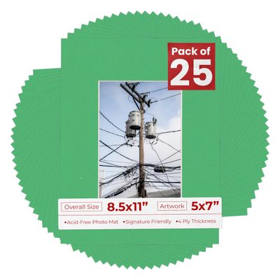 5x7 Mat for 8.5x11 Frame - Precut Mat Board Acid-Free Show Kit with Backing Board, and Clear Bags Metallic Silver 5x7 Photo Matte For a 8.5x11 Picture Frame Matboard for Framing, Pack of 25 Mats