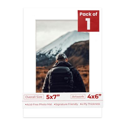 4x6 Mat for 5x7 Frame - Precut Mat Board Acid-Free Show Kit with Backing Board, and Clear Bags Textured White 4x6 Photo Matte Made to Fit a 5x7 Picture Frame Matboard for Framing, Pack of 1 Mat