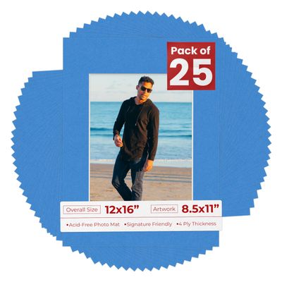 8.5x11 Mat for 12x16 Frame - Precut Mat Board Acid-Free Show Kit with Backing Board, and Clear Bags Bay Blue 8.5x11 Photo Matte Made to Fit a 12x16 Picture Frame Matboard for Framing, Pack of 25 Mats