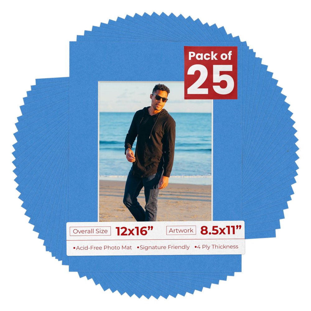 8.5x11 Mat for 12x16 Frame - Precut Mat Board Acid-Free Show Kit with Backing Board, and Clear Bags Bay Blue 8.5x11 Photo Matte Made to Fit a 12x16 Picture Frame Matboard for Framing, Pack of 25 Mats
