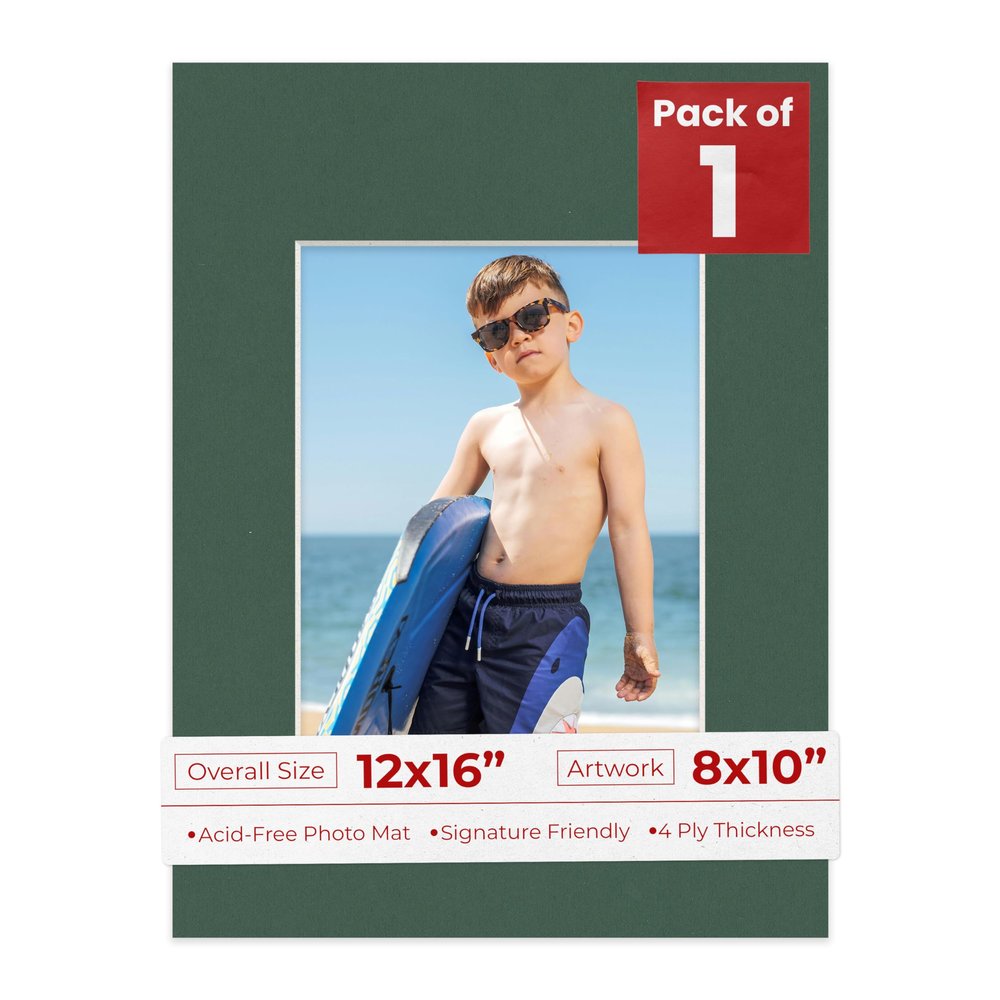 8x10 Photo Matte - Precut for 12x16 Frame, Acid-Free, Hunter Green, Pack of 1 Mat with Backing Board and Clear Bags
