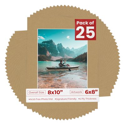6x8 Mat for 8x10 Frame - Precut Mat Board Acid-Free Show Kit with Backing Board, and Clear Bags Rattan Beige 6x8 Photo Matte Made to Fit a 8x10 Picture Frame Matboard for Framing, Pack of 25 Mats
