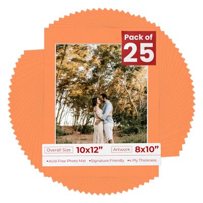 8x10 Mat for 10x12 Frame - Precut Mat Board Acid-Free Show Kit with Backing Board, and Clear Bags Orange 8x10 Photo Matte Made to Fit a 10x12 Picture Frame Matboard for Framing, Pack of 25 Mats