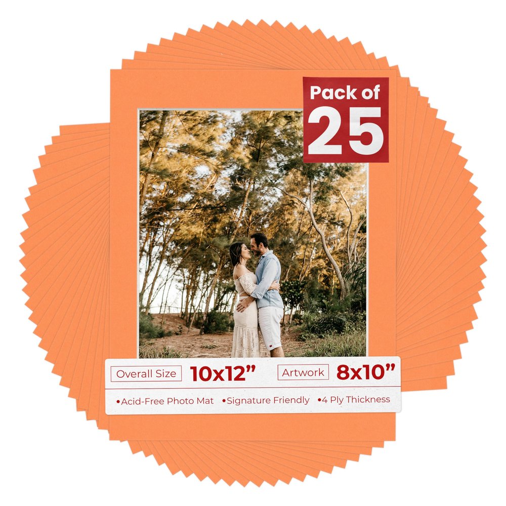 8x10 Mat for 10x12 Frame - Precut Mat Board Acid-Free Show Kit with Backing Board, and Clear Bags Orange 8x10 Photo Matte Made to Fit a 10x12 Picture Frame Matboard for Framing, Pack of 25 Mats