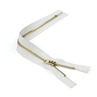 Set of 12 Pants Zippers, 11", Gold Metal Teeth and Pale Gray Tape, Bias Bespoke Brand