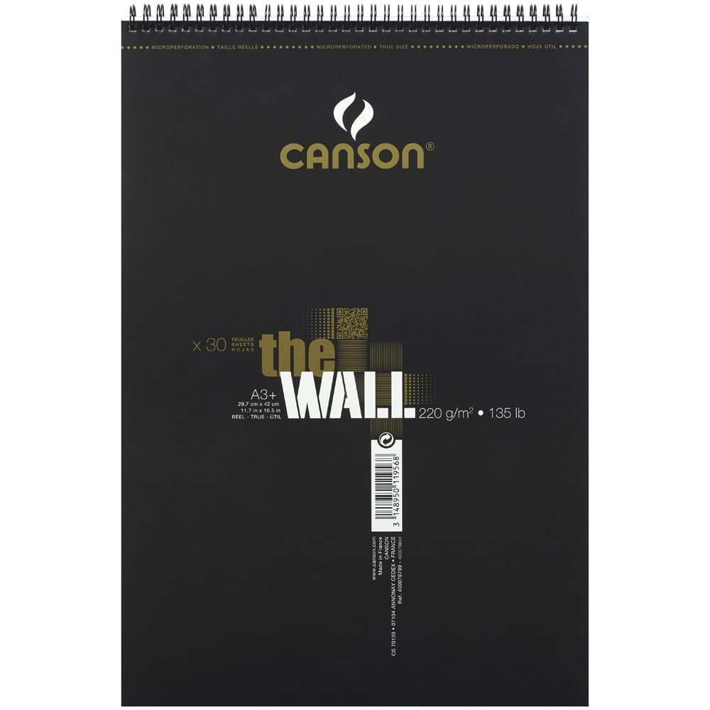 CANSON The Wall Marker 200gsm A3 Paper, Extra Smooth, Spiral Pad Short Side, 30 White Sheets, Ideal for Professional Artists & Illustrators