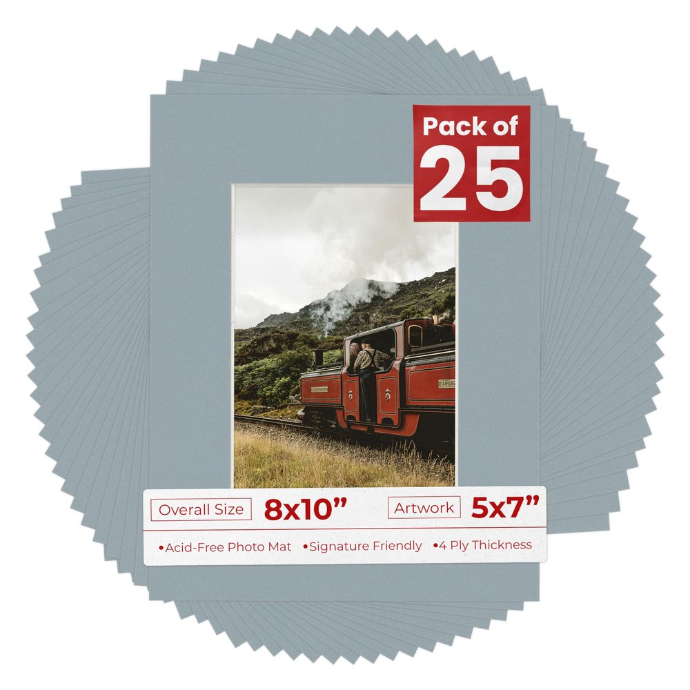 5x7 Mat for 8x10 Frame - Precut Mat Board Acid-Free Show Kit with Backing Board, and Clear Bags Metallic Silver 5x7 Photo Matte Made to Fit a 8x10 Picture Frame Matboard for Framing, Pack of 25 Mats