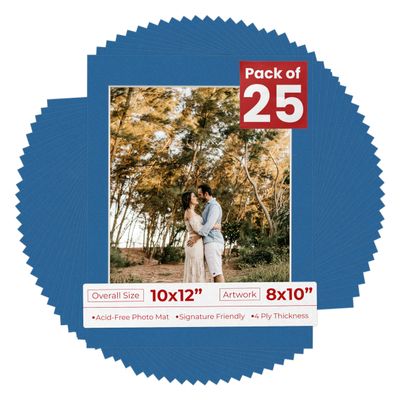 8x10 Mat for 10x12 Frame - Precut Mat Board Acid-Free Show Kit with Backing Board, and Clear Bags Royal Blue 8x10 Photo Matte Made to Fit a 10x12 Picture Frame Matboard for Framing, Pack of 25 Mats