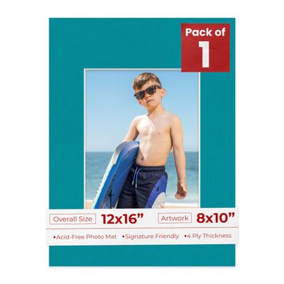 8x10 Mat for 12x16 Frame - Precut Mat Board Acid-Free Show Kit with Backing Board, and Clear Bags Teal Blue 8x10 Photo Matte Made to Fit a 12x16 Picture Frame Matboard for Framing, Pack of 1 Mat