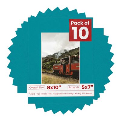 5x7 Mat for 8x10 Frame - Precut Mat Board Acid-Free Show Kit with Backing Board, and Clear Bags Teal Blue 5x7 Photo Matte Made to Fit a 8x10 Picture Frame Matboard for Framing, Pack of 10 Mats