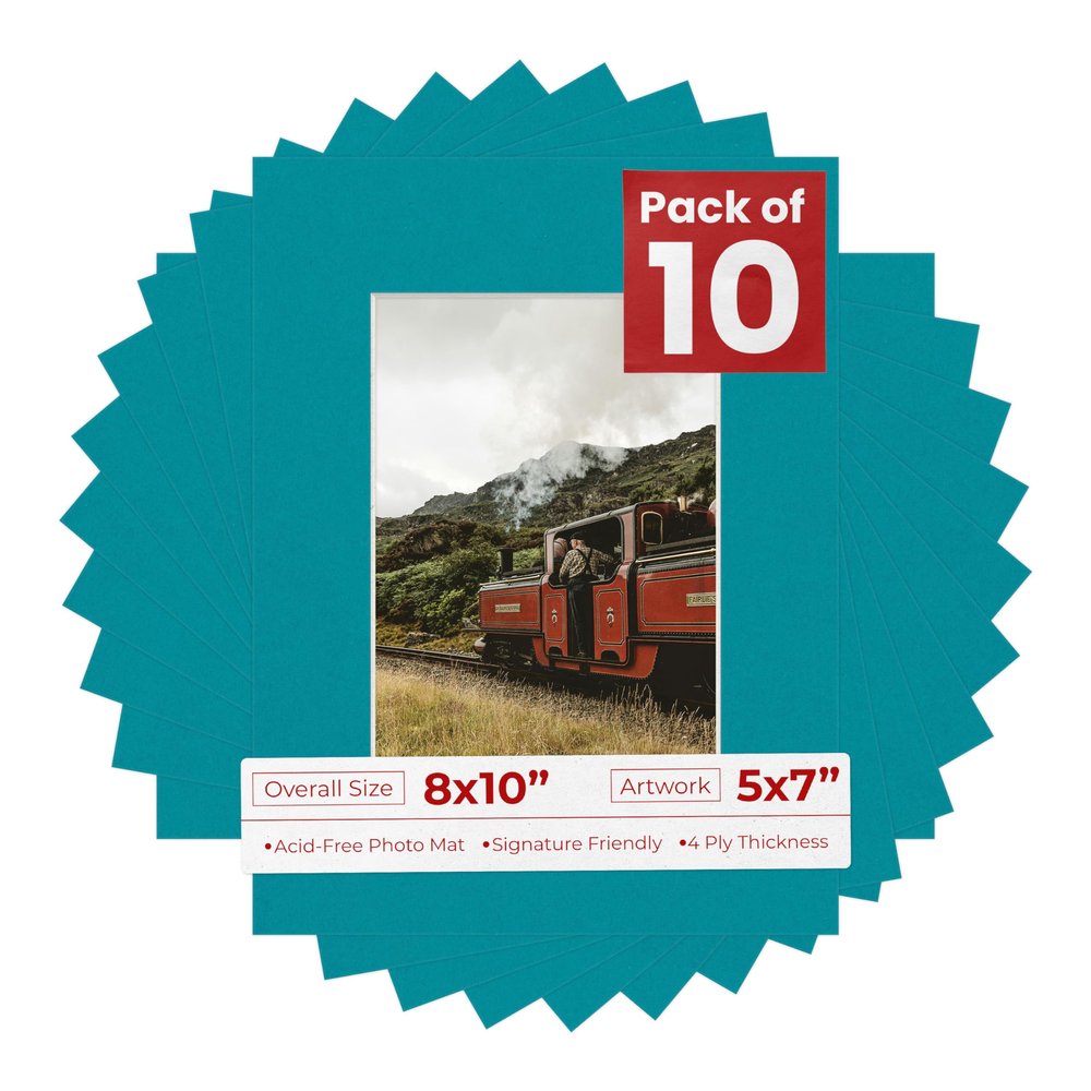 5x7 Mat for 8x10 Frame - Precut Mat Board Acid-Free Show Kit with Backing Board, and Clear Bags Teal Blue 5x7 Photo Matte Made to Fit a 8x10 Picture Frame Matboard for Framing, Pack of 10 Mats