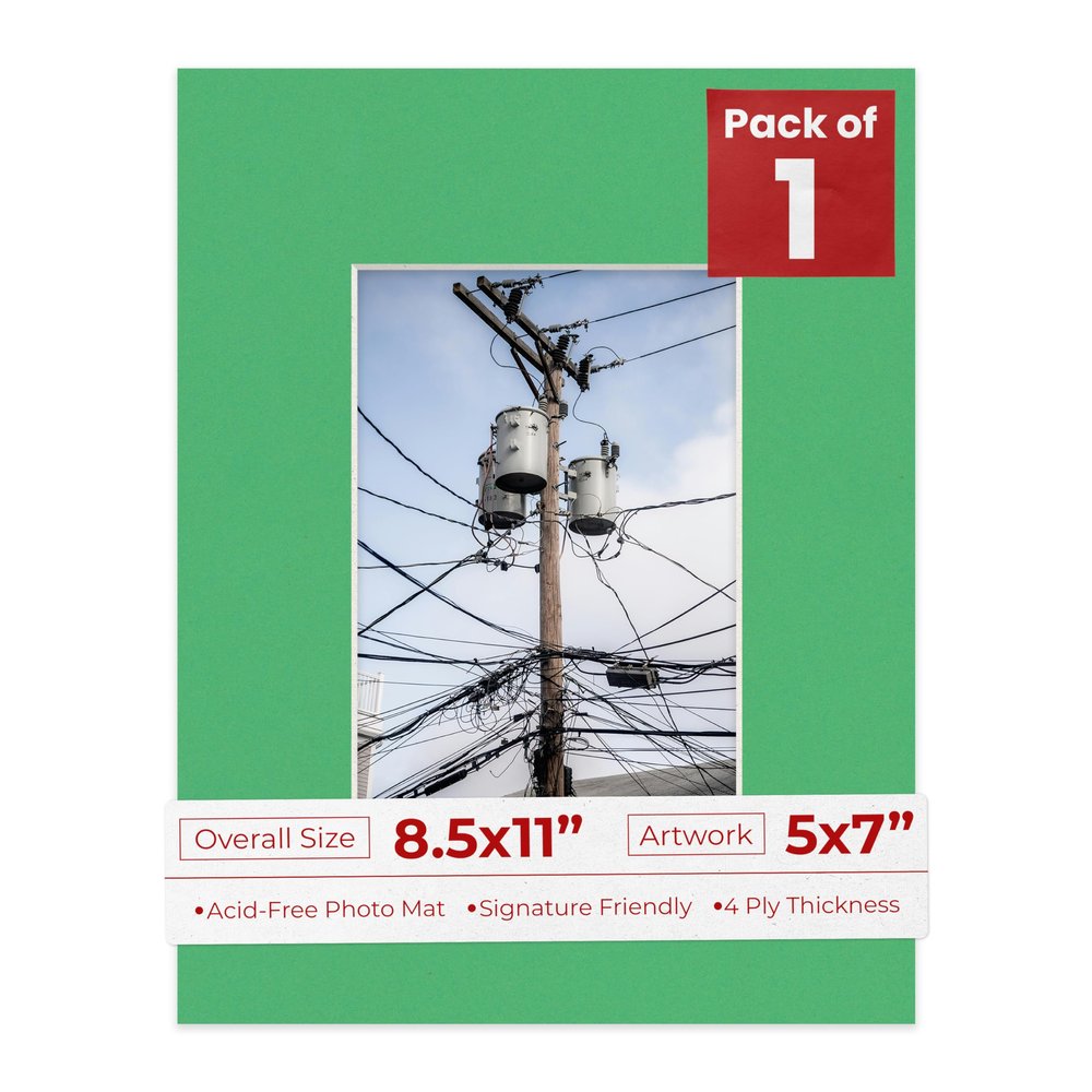 5x7 Mat for 8.5x11 Frame - Precut Mat Board Acid-Free Show Kit with Backing Board, and Clear Bags Bright Green 5x7 Photo Matte Made to Fit a 8.5x11 Picture Frame Matboard for Framing, Pack of 1 Mat