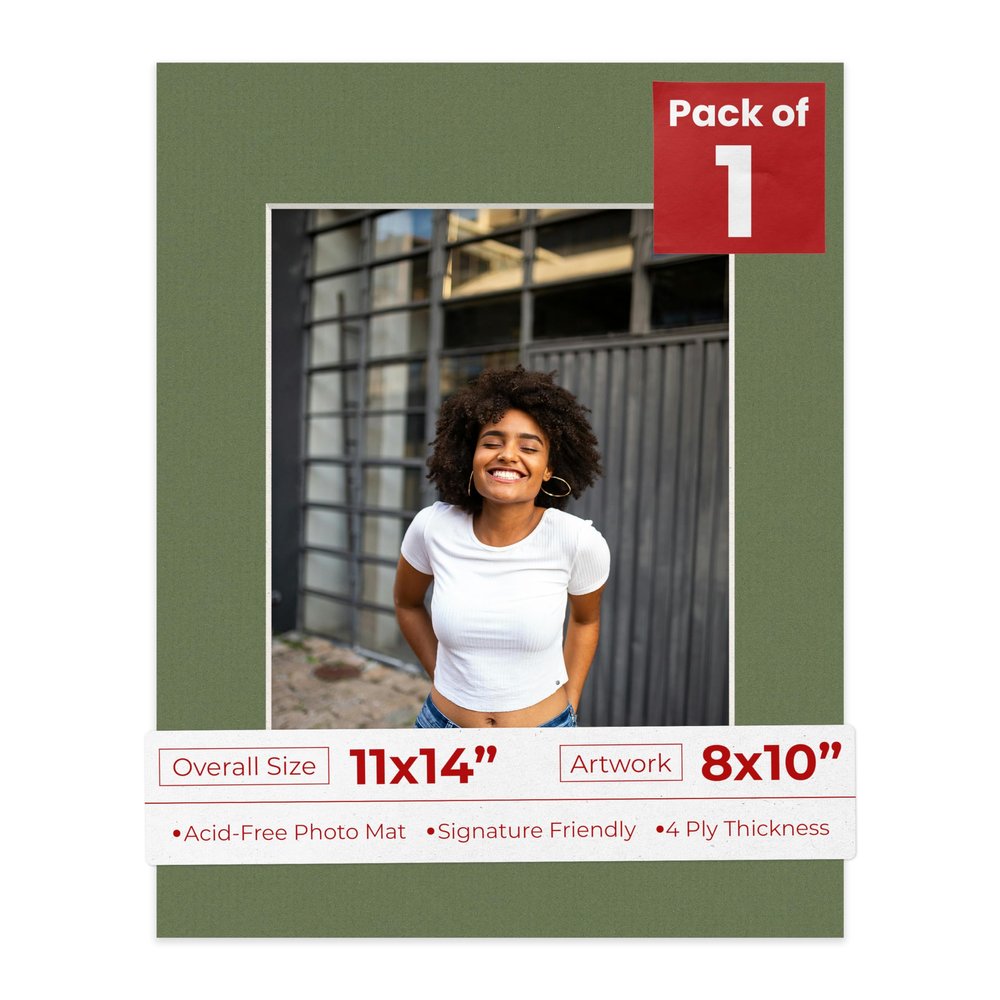 8x10 Mat for 11x14 Frame - Precut Mat Board Acid-Free Show Kit with Backing Board, and Clear Bags Dill Green 8x10 Photo Matte Made to Fit a 11x14 Picture Frame Matboard for Framing, Pack of 1 Mat
