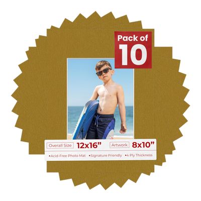 8x10 Mat for 12x16 Frame - Precut Mat Board Acid-Free Show Kit with Backing Board, and Clear Bags Metallic Gold 8x10 Photo Matte Made to Fit a 12x16 Picture Frame Matboard for Framing, Pack of 10 Mats