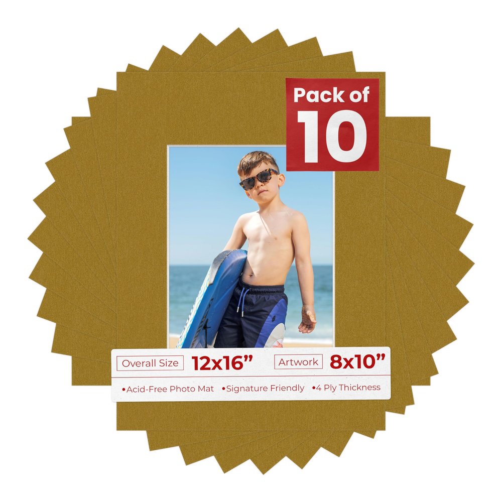 8x10 Mat for 12x16 Frame - Precut Mat Board Acid-Free Show Kit with Backing Board, and Clear Bags Metallic Gold 8x10 Photo Matte Made to Fit a 12x16 Picture Frame Matboard for Framing, Pack of 10 Mats