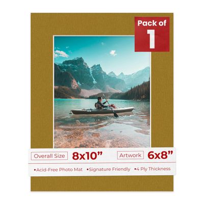6x8 Mat for 8x10 Frame - Precut Mat Board Acid-Free Show Kit with Backing Board, and Clear Bags Metallic Gold 6x8 Photo Matte Made to Fit a 8x10 Picture Frame Matboard for Framing, Pack of 1 Mat