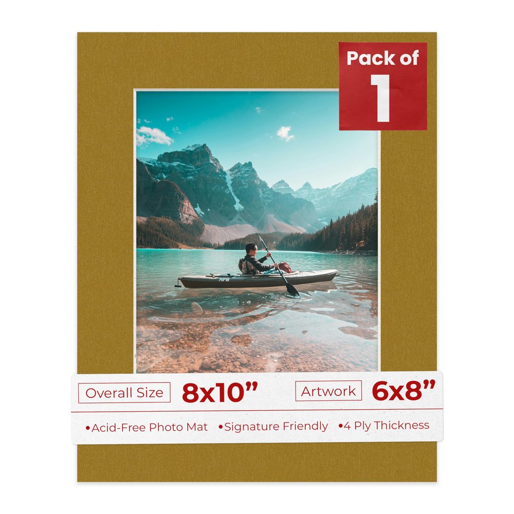 6x8 Mat for 8x10 Frame - Precut Mat Board Acid-Free Show Kit with Backing Board, and Clear Bags Metallic Gold 6x8 Photo Matte Made to Fit a 8x10 Picture Frame Matboard for Framing, Pack of 1 Mat