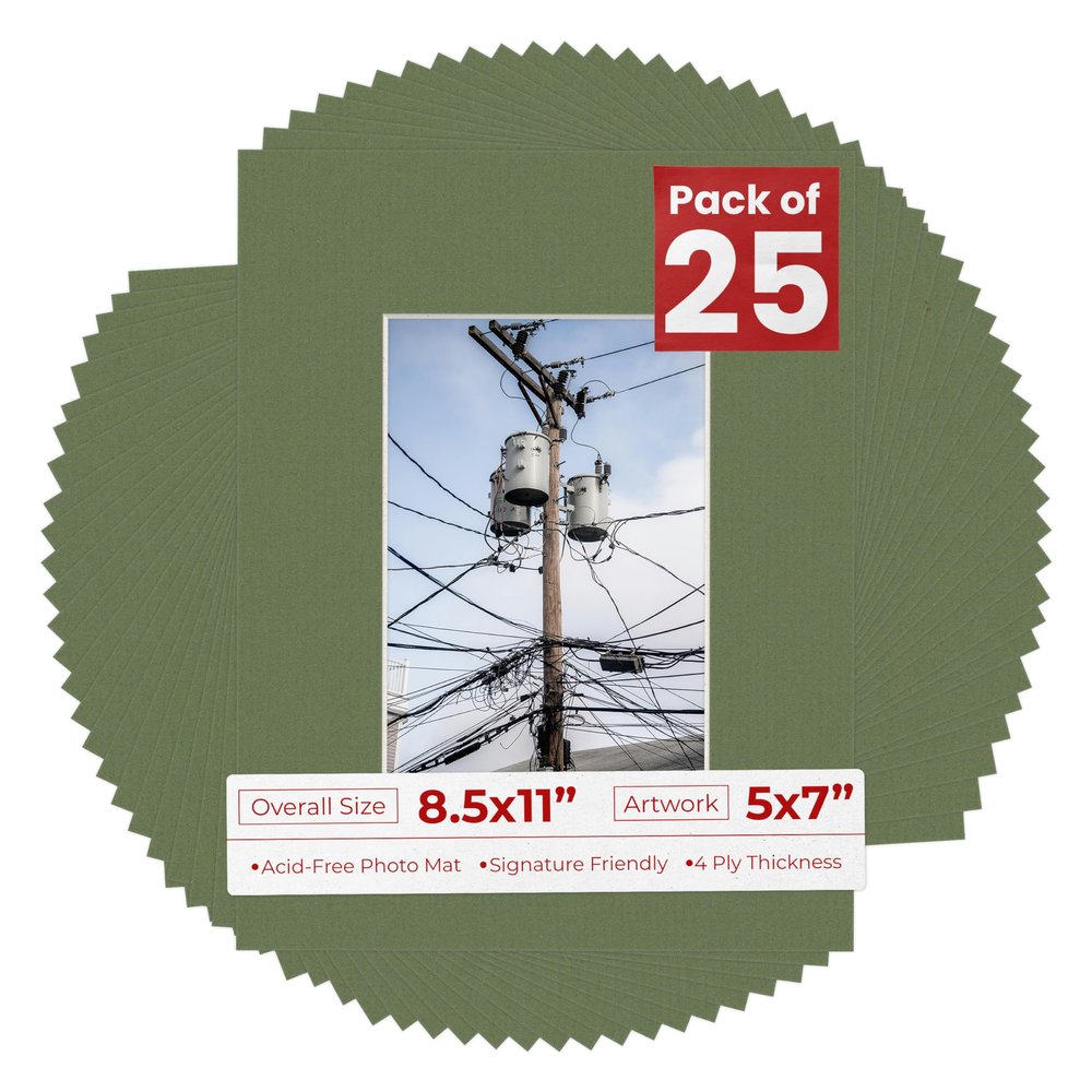 5x7 Mat for 8.5x11 Frame - Precut Mat Board Acid-Free Show Kit with Backing Board, and Clear Bags Dill Green 5x7 Photo Matte Made to Fit a 8.5x11 Picture Frame Matboard for Framing, Pack of 25 Mats