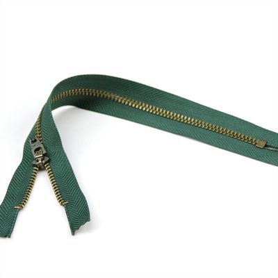 Set of 12 Pants Zippers, 11", Antique Brass Teeth and Pine Green Tape, Bias Bespoke Brand