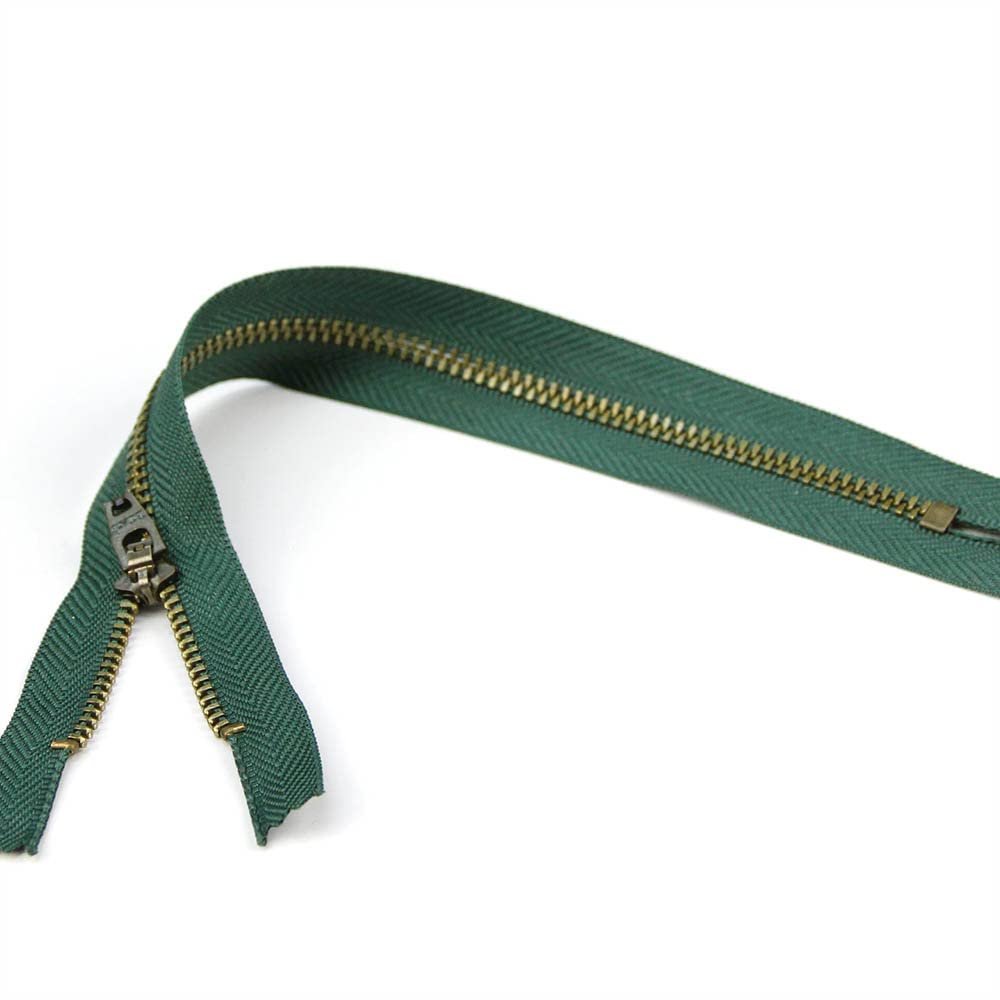 Set of 12 Pants Zippers, 11", Antique Brass Teeth and Pine Green Tape, Bias Bespoke Brand