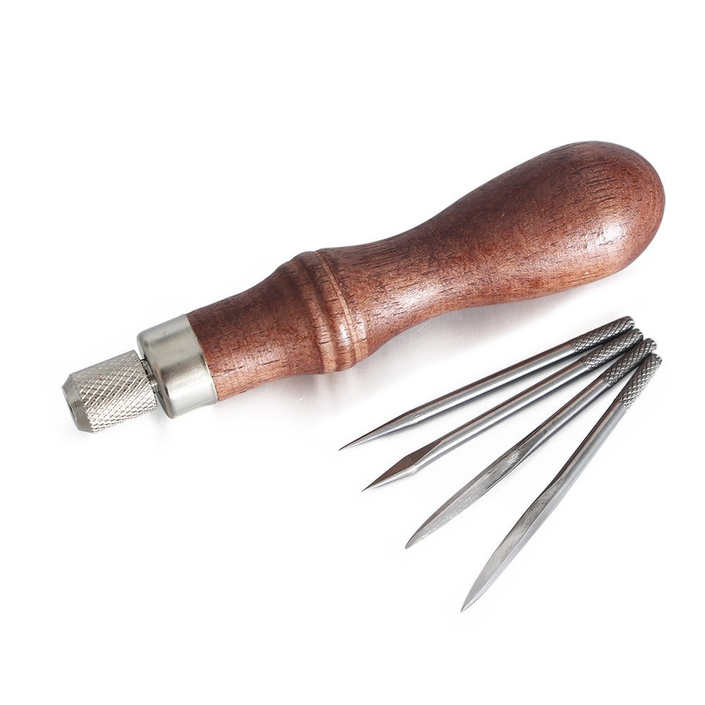 DIY 4 in 1 Adjustable Wood Handle awl Repair Tool Stitcher Sewing Awl Hand Stitcher Repair Tool Kit for Leather