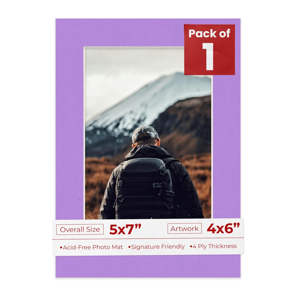 4x6 Mat for 5x7 Frame - Precut Mat Board Acid-Free Show Kit with Backing Board, and Clear Bags Light Purple 4x6 Photo Matte Made to Fit a 5x7 Picture Frame Matboard for Framing, Pack of 1 Mat