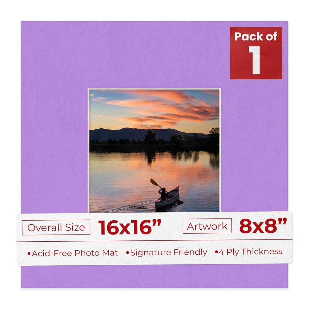 8x8 Mat for 16x16 Frame - Precut Mat Board Acid-Free Show Kit with Backing Board, and Clear Bags Light Purple 8x8 Photo Matte Made to Fit a 16x16 Picture Frame Matboard for Framing, Pack of 1 Mat