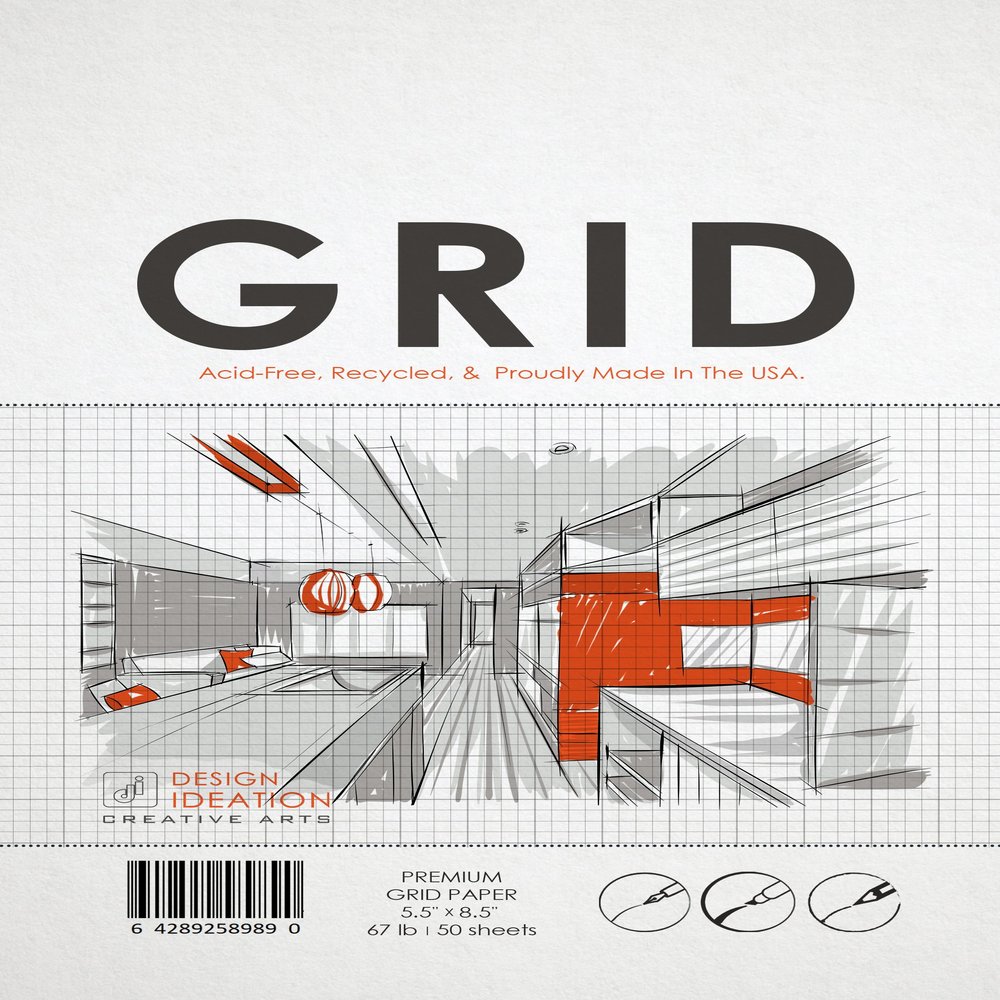 Premium Grid Paper for Pencil, Ink, and Marker. Great for Art, Design and Education. Loose Sheet Pack. (50 Sheets (5.5" x 8.5"))