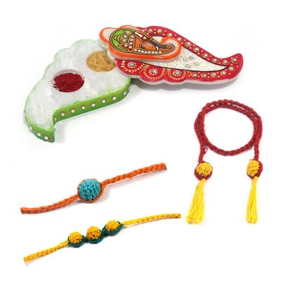 Handmade Indian Traditional Raksha Bandhan Festival Complete Gift Pack Rakhi Combo (1 Ganesha Chopda, 3 Crochet Rakhi, 2 Pure Kumkum and Basmati Rice Packet for Tilak