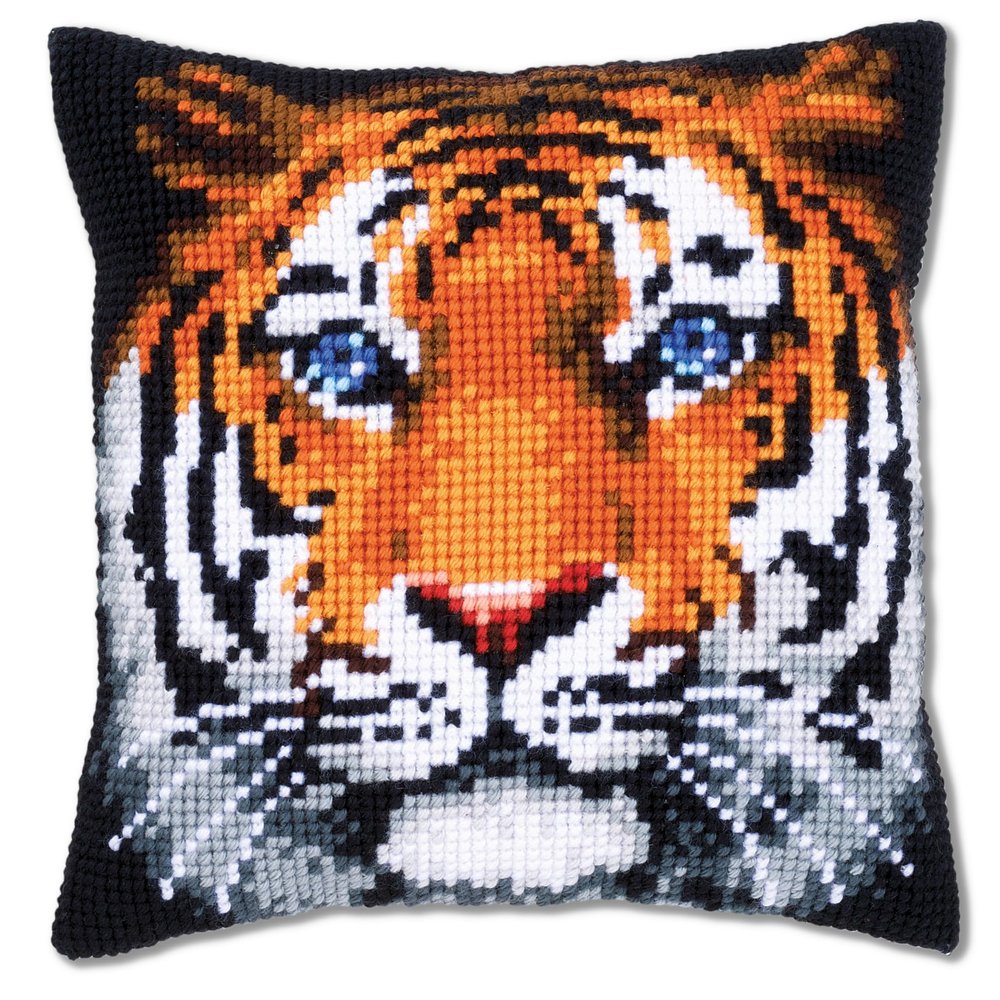 Vervaco Cross Stitch Embroidery Kits Pillow Front for Self-Embroidery with Embroidery Pattern on 100% Cotton and Embroidery Thread, 15,75 x 15,75 Inches - 40 x 40 cm, Tiger