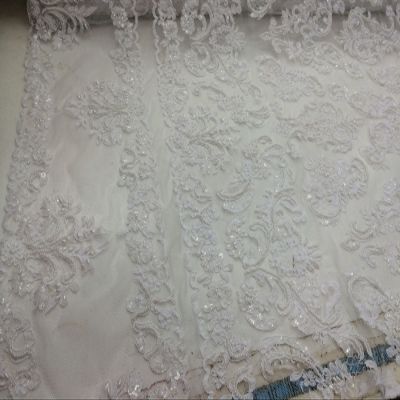 White French Design with Hand Beaded Pearls and Sequins On A Mesh Lace.Bridal..