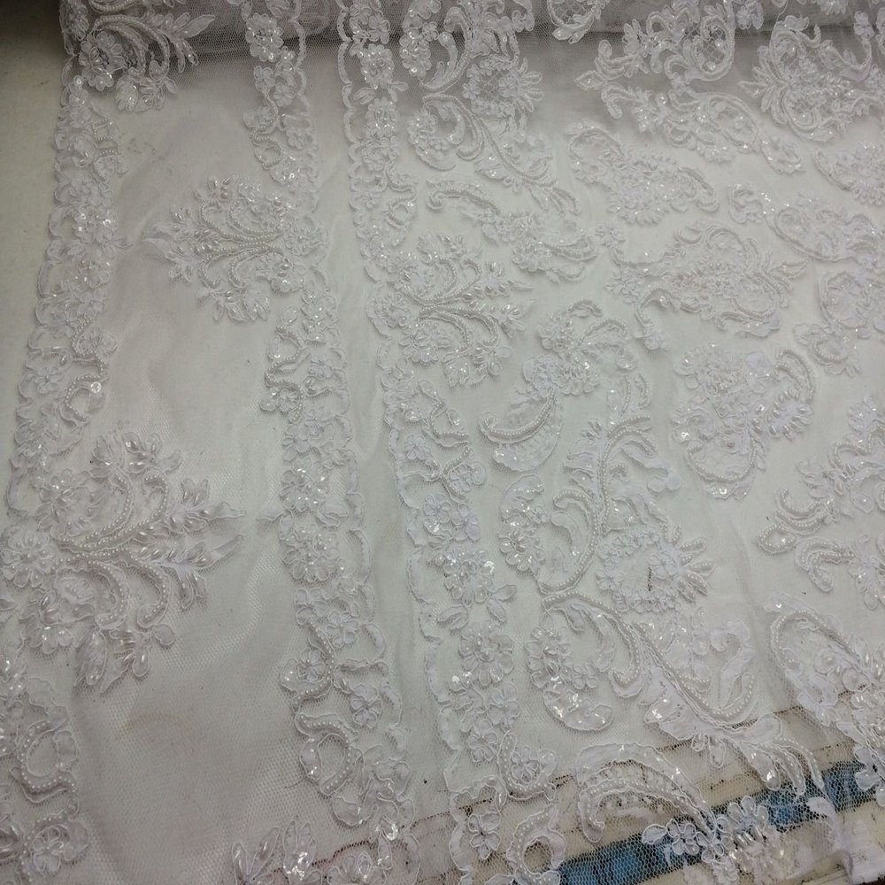 White French Design with Hand Beaded Pearls and Sequins On A Mesh Lace.Bridal..