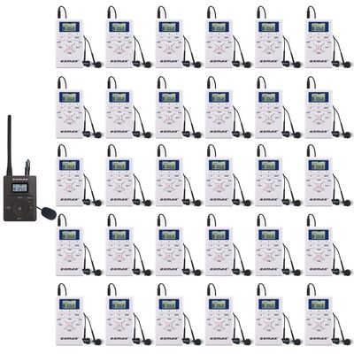 EXMAX E108 DSP Stereo Wireless Headsets FM Radio Broadcast System for Tour Guide Teaching Meeting Training Travel Field Interpretation 1 Transmitter & 30 Receivers (White)