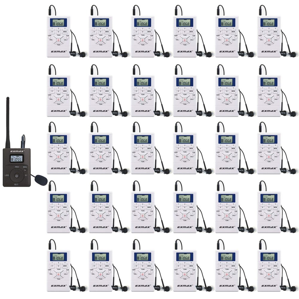 EXMAX E108 DSP Stereo Wireless Headsets FM Radio Broadcast System for Tour Guide Teaching Meeting Training Travel Field Interpretation 1 Transmitter & 30 Receivers (White)