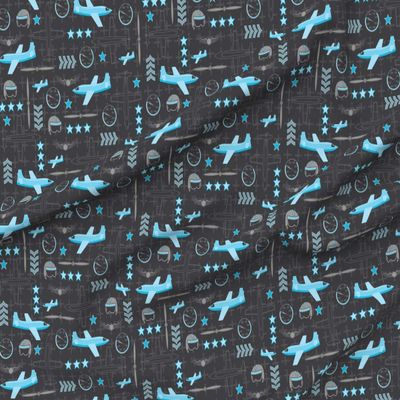 Spoonflower Fabric - Blue Airplane Pilot Flying Flight Aviation Printed on Satin Fabric by The Yard - Sewing Lining Apparel Fashion Blankets Decor