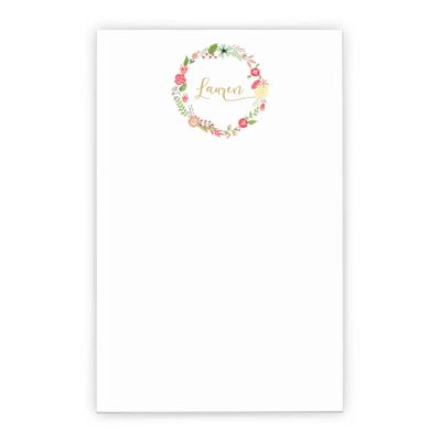 Floral Wreath Personalized Notepad Set, Personalized Notepad with Calligraphy, Letter Writing Paper with Flowers, Size 5.5in x 8.5in, 50 Sheets