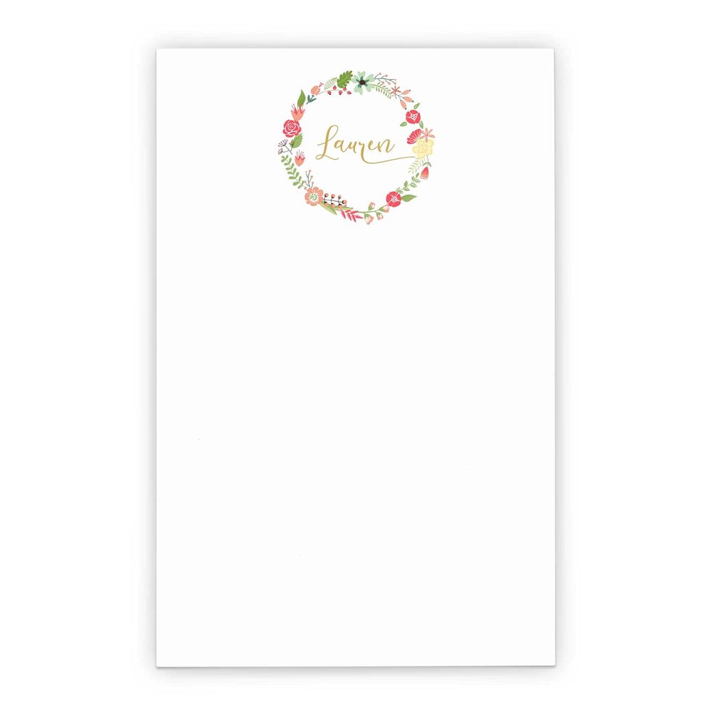 Floral Wreath Personalized Notepad Set, Personalized Notepad with Calligraphy, Letter Writing Paper with Flowers, Size 5.5in x 8.5in, 50 Sheets